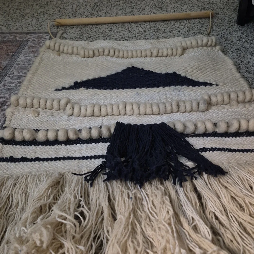 Vintage Handcrafted Cotton wool Handwoven Blue Ivory Tassel Boho wall hanging
